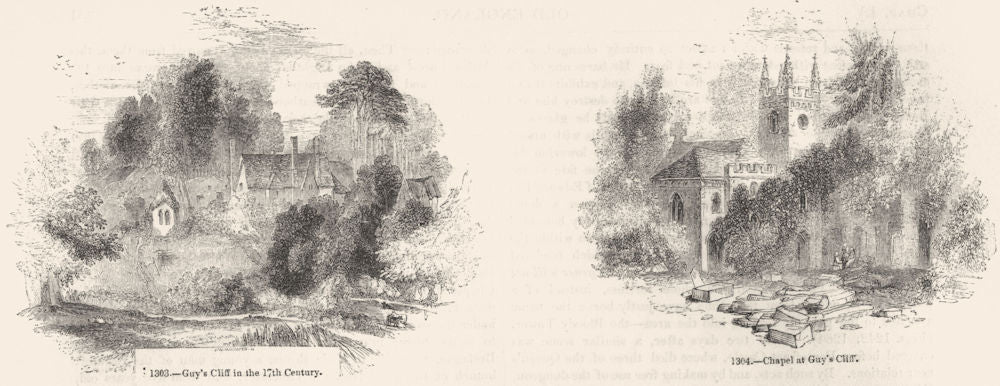 LANDSCAPES. Guy's Cliffe 17C; Chapel  1845 old antique vintage print picture
